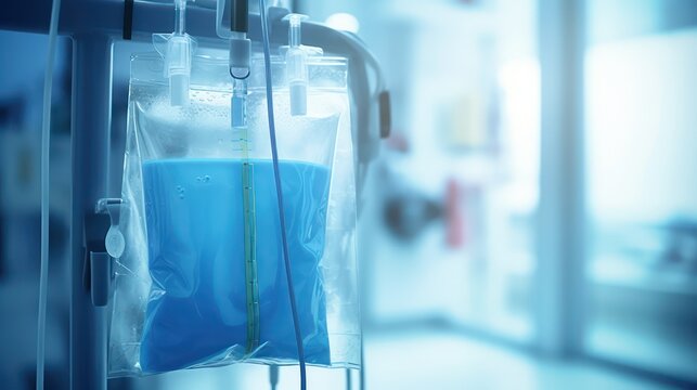 IV fluids blue bag drip intravenous medicine to cure patients. iron magnesium and vitamin infusion. blurry background of a hospital room.