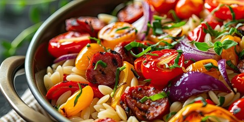 Roasted pepper and chorizo orzo salad includes red peppers, red onion, chorizo, cherry tomatoes,...