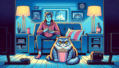 illustration of a single person watching a film with their cat sitting next to them looking judgmental