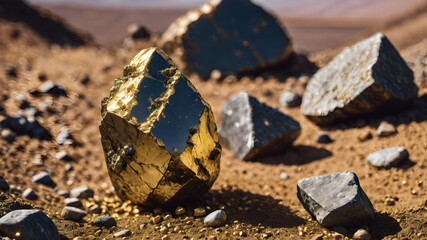 Gold minerals, gold nuggets in nature natural mine - obrazy, fototapety, plakaty