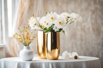 daisies in a white vase with wall background