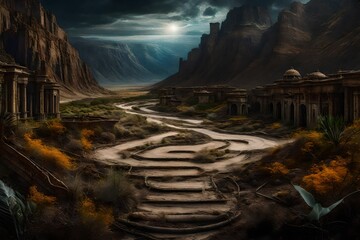 An evocative choice-variation scenario set in a post-apocalyptic wasteland, with two roads diverging into desolation and hope, one leading to barren lands and ruins - obrazy, fototapety, plakaty