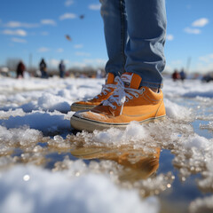 Only the lower part of the legs in jeans and orange sneakers standing on the melting snow are reflected in the puddle. High quality photo
