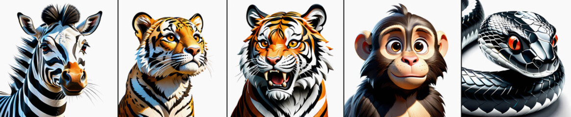 Set of various animals such as tiger, leopard, monkey, zebra and snake in cartoon 3D style on a white background