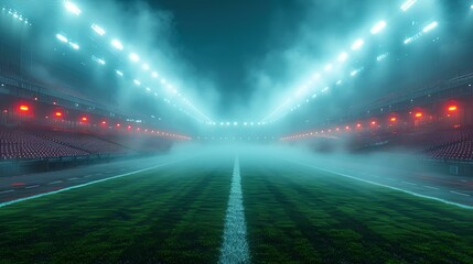 Empty football stadium immersed in fog under bright lights. serene and atmospheric sports arena. ideal for background or design. AI