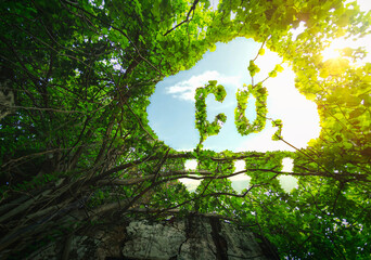 Concept depicting the issue of carbon dioxide emissions and its impact on nature in the form shape...