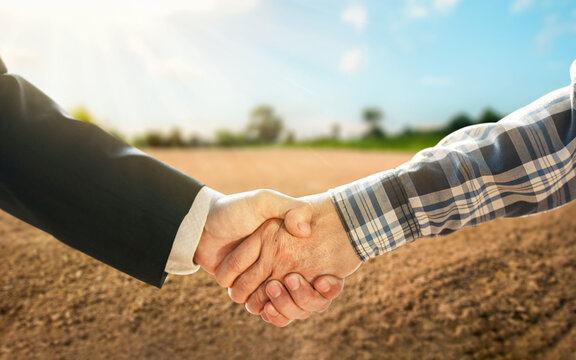 Business concept. Business handshake land purchase. Empty dry cracked swamp reclamation soil in real estate sale or property investment concept. Agriculture land plot for sales.