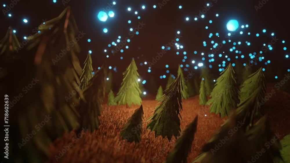 Poster the camera flies in a circle through a stylized 3d spruce forest. looping abstract animation. 3d ren