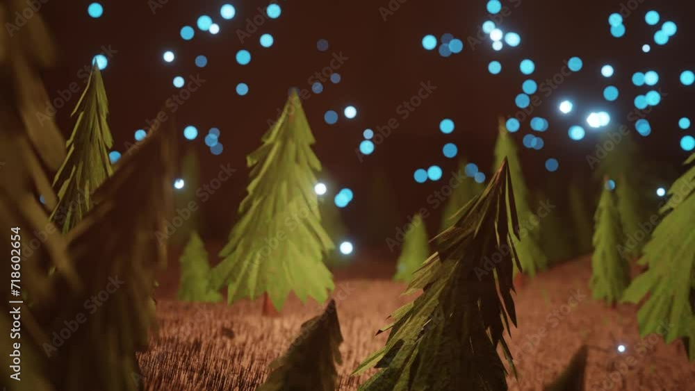Poster the camera flies in a circle through a stylized 3d spruce forest. looping abstract animation. 3d ren