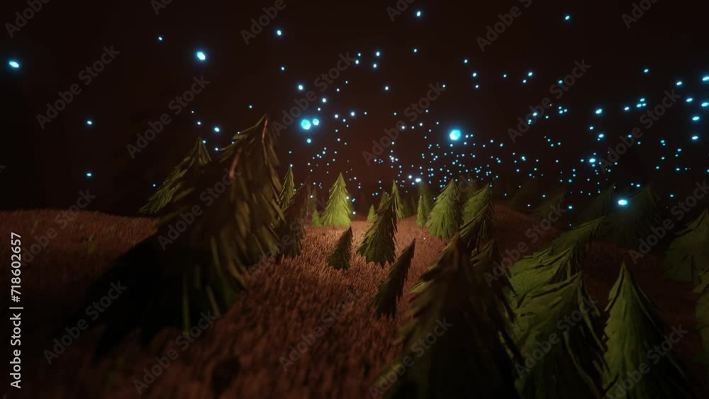Poster the camera flies in a circle through a stylized 3d spruce forest. looping abstract animation. 3d ren