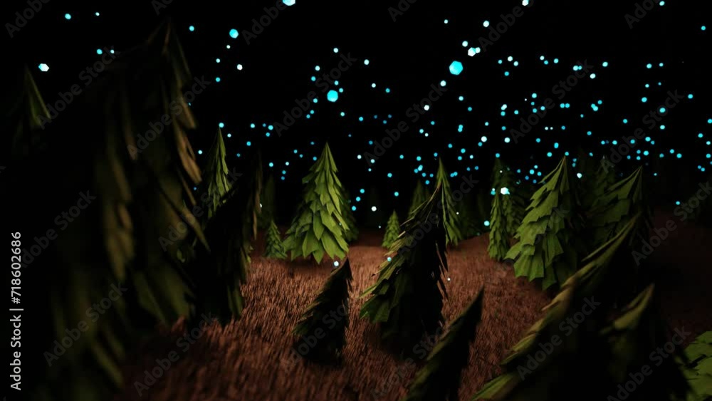 Poster the camera flies in a circle through a stylized 3d spruce forest. looping abstract animation. 3d ren