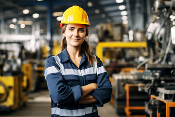 Full body portrait of a female industrial maintenance engineer, wearing a uniform and safety hard hat, confidently standing in a factory. AI Generative