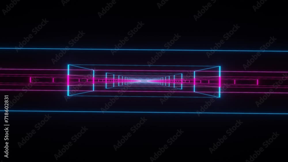 Poster moving forward through a cross-shaped figure glowing with purple and blue light on a black backgroun