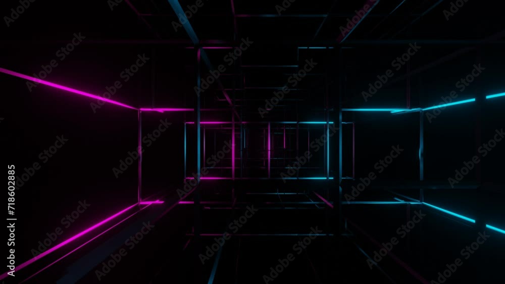 Poster moving forward through a metal cubic frame illuminated with purple and blue light on a black backgro