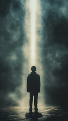 Silhouette of man standing in front of light beam. Generative AI