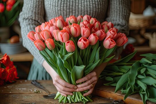 Girl florist collecting a bouquet of pink tulip flowers indoors. Spring holidays concept.