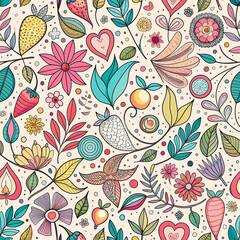 Vintage Nature Bloom: Seamless Floral Vector Pattern with Flowers, Leaves, and Butterfl