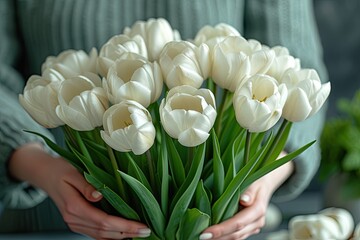 Bouquet of white tulips in women's hands. Gift for women's Day. An image for flower shop, postcard. Selective focus. Young woman with bright bouquet of white tulips