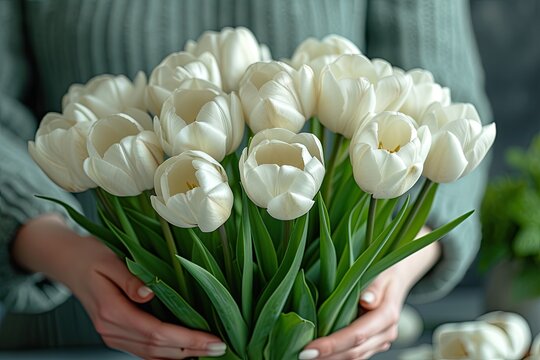 Bouquet of white tulips in women's hands. Gift for women's Day. An image for flower shop, postcard. Selective focus. Young woman with bright bouquet of white tulips
