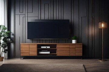 tv, shelf and wall background in modern living room