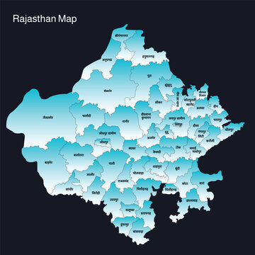 Rajasthan state updated map. Political and administrative map of Rajasthan with districts. Showing international and state boundaries and district boundaries of Rajasthan