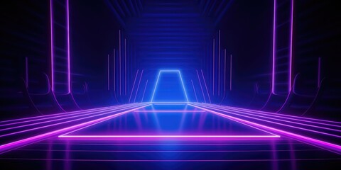 Blue purple digital hologram of podium  line vertical neon lamps abstract  futuristic