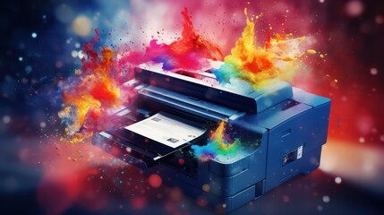 office or professional photocopier or printer with color splashes for high quality printing services as wide banner with copy space area - obrazy, fototapety, plakaty