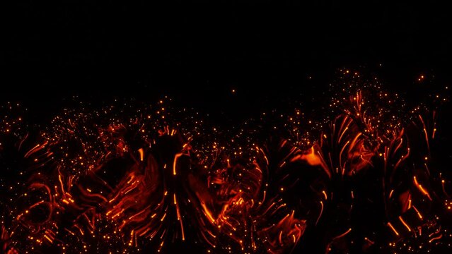 abstract looping animated background. Particles glowing with orange-white light fly on a black background. 3d render