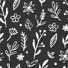 Fototapeta premium Abstract flower doodle brush seamless pattern. Sketch hand drawn spring floral plant, nature graphic leaf, scribble grunge brush texture black and white ink seamless pattern. Vector illustration