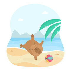 Fototapeta na wymiar Cute capybara having fun on the beach
