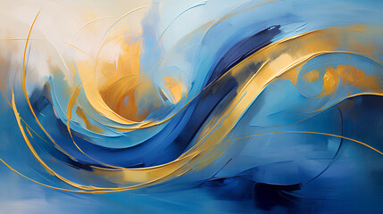 contemporary fine oil painting with detailed brushstrokes, blue and gold modern abstract, curves