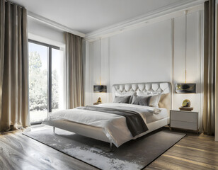 Luxury white master bedroom interior. Generative AI.