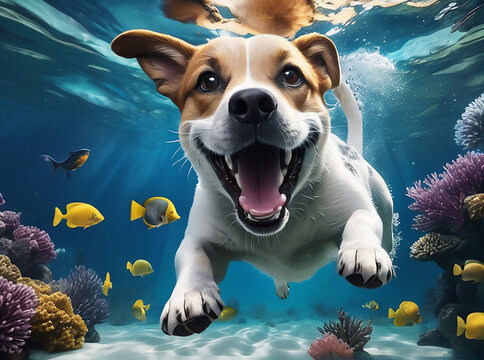 A cute Jack Russell Terrier dog swims underwater. Generated AI. 