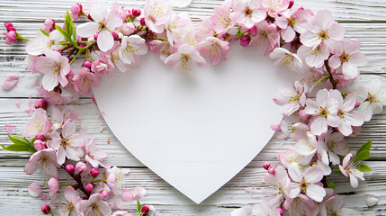 Heart shaped sheet of paper with beautiful flowers on wooden background copy space.  Ai generative