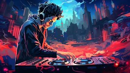 Male dj playing music wearing headphones with cityscape in background colorful illustration AI Generated