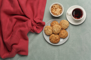 Breakfast in bed. Food on a dark blanket. Top view