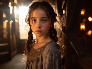 Photo portrait of a young relaxed, dreamy girl, with long hair in a cozy room, a portrait made in the style of kindness, with organic simplicity