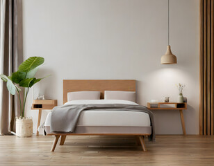 Minimal bedroom wall mock up with wooden side table on wooden floor. Generative AI.