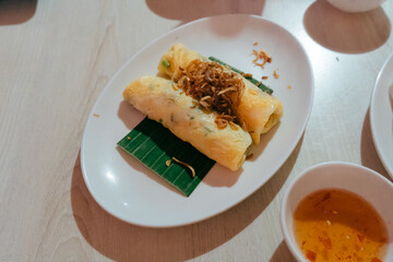 Steamed rice-skin dumplings, Thai style dessert ,Khao Kriab Pak Mor, Thai food made from rice and pork in Thailand.