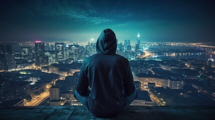 A hacker in a hoodie from a rear view. The scene is set against a backdrop of a nighttime city - obrazy, fototapety, plakaty