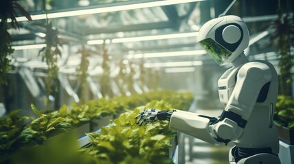 Robot in a modern greenhouse, tending to rows of leafy green lettuce, representing high-tech automation in precision agriculture and sustainable farming practices