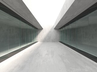 Abstract futuristic concrete and glass architecture. Minimalistic interior.