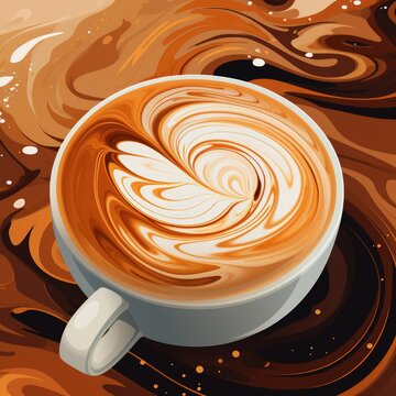 An illustration of a close-up of expertly pouring latte art, creating intricate designs on a frothy cup of coffee