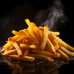 Freshly cooked French fries with smoke on dark background. Delicious fast food snacks for lunch or dinner.