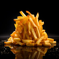 Freshly cooked French fries with smoke on dark background. Delicious fast food snacks for lunch or dinner.