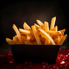 Freshly cooked French fries or potato chips in a carton box on a dark background. Delicious fast food snacks for lunch or dinner.