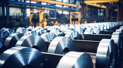 Galvanized steel rolls inside a factory or warehouse. Metallurgical production. Sheet metal for stamping. Selective focus.