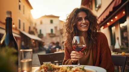 Portrait of a smiling charming happy woman drinking wine and eating pasta in a cozy Italian outdoor restaurant at sunset. Delicious food, Gourmet, Travel, Lifestyle concepts. - obrazy, fototapety, plakaty