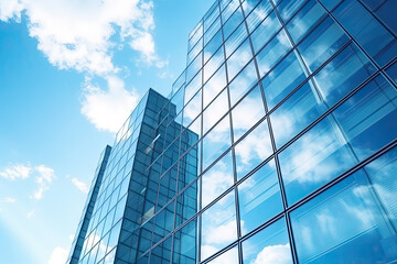 Reflective skyscrapers, business office buildings. Low angle photography of glass curtain wall details of high-rise buildings.The window glass reflects the blue sky and white clouds. - obrazy, fototapety, plakaty