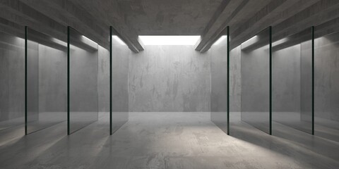 Abstract futuristic concrete and glass architecture. Minimalistic interior.